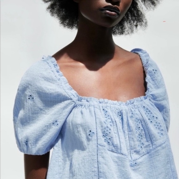 Zara Openwork Eyelet Puff Sleeve Top Size Small - Picture 5 of 11